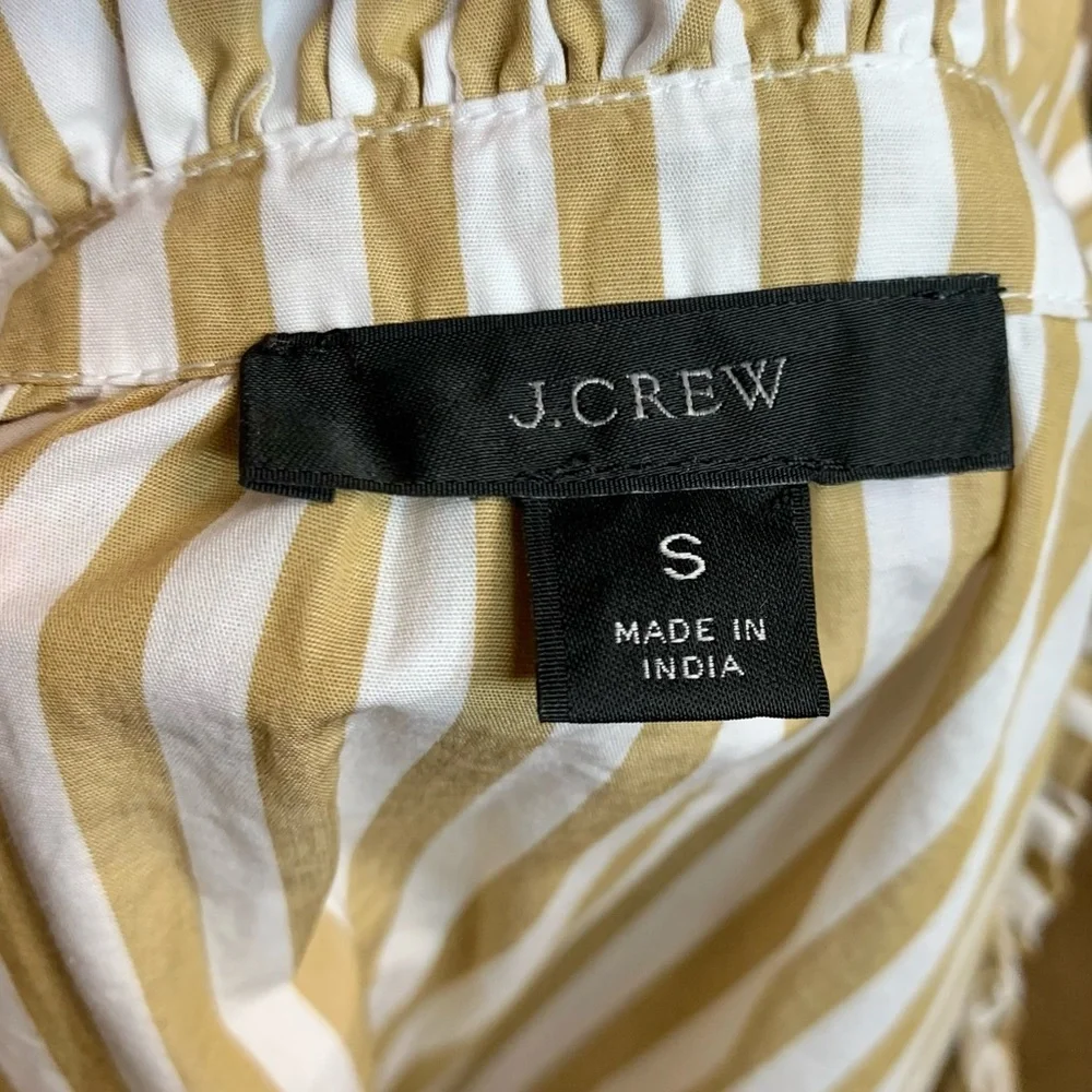 J. Crew ReImagined Popover Top Smocked Cuffs Ruffle Neck Striped Tan White Small